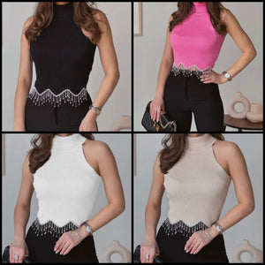 Women Ribbed Rhinestone Tassel Sleeveless Fashion Top