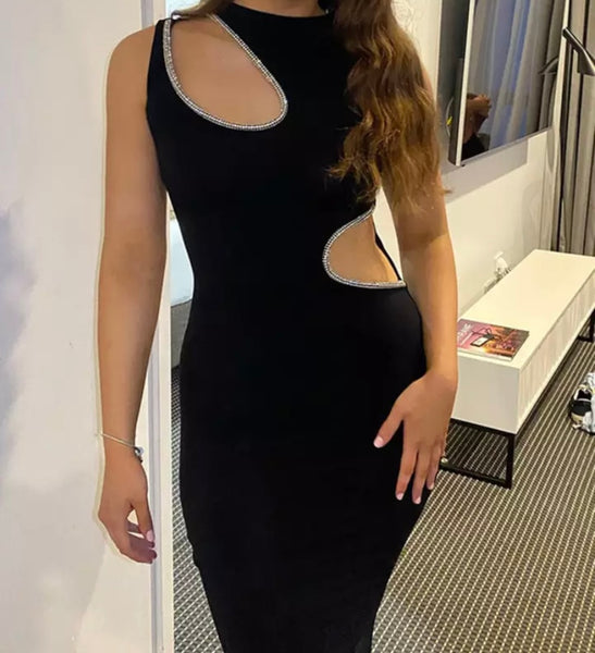 Women Sexy Black Cut Out Bling Sleeveless Maxi Dress