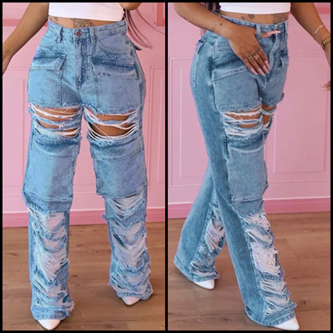 Women Ripped Pocket Fashion Denim Pants