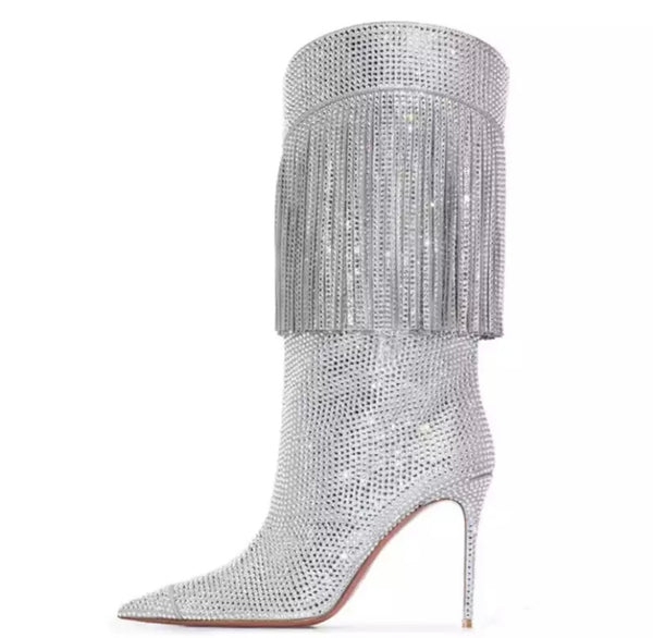 Women Pointed Toe Bling Tassel High Heel Boots