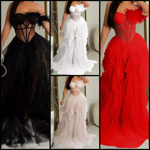 Women Sexy Off The Shoulder Mesh Feather Ruffled Maxi Dress