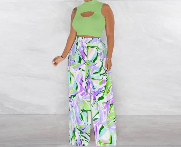Women Sexy Sleeveless Cut Out Crop Two Piece Printed Wide Leg Pant Set