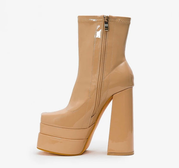 Women PU Fashion Platform Thick Heel Ankle Boots