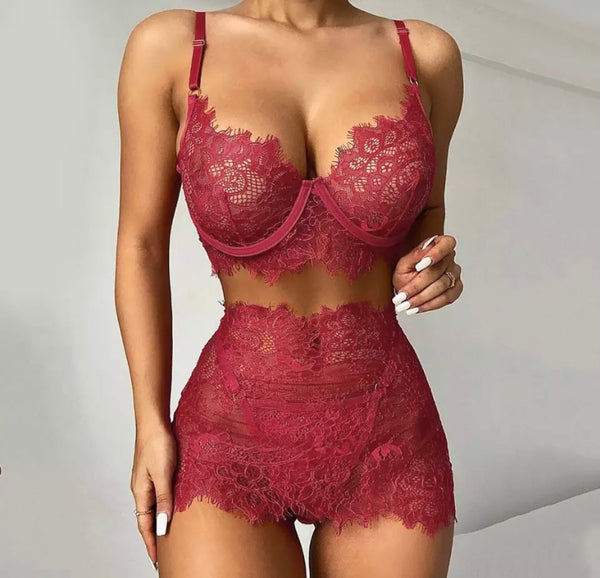 Women Lace Sexy Three Piece Skirt Lingerie Set