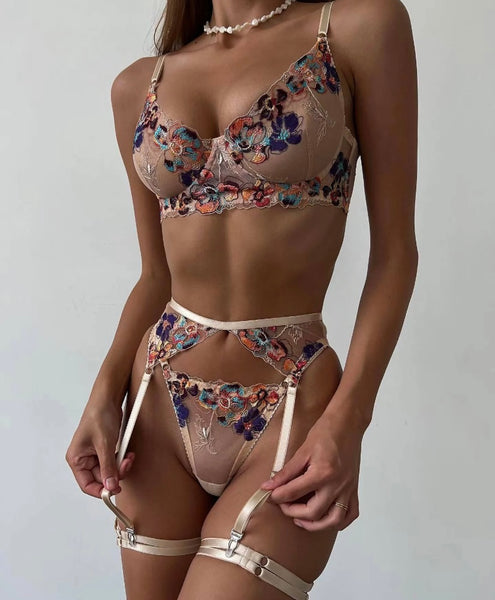 Women Sexy Floral Mesh Thong Lingerie Set