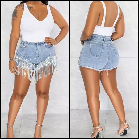 Women Fashion Beaded Sequins Tassel Denim Shorts