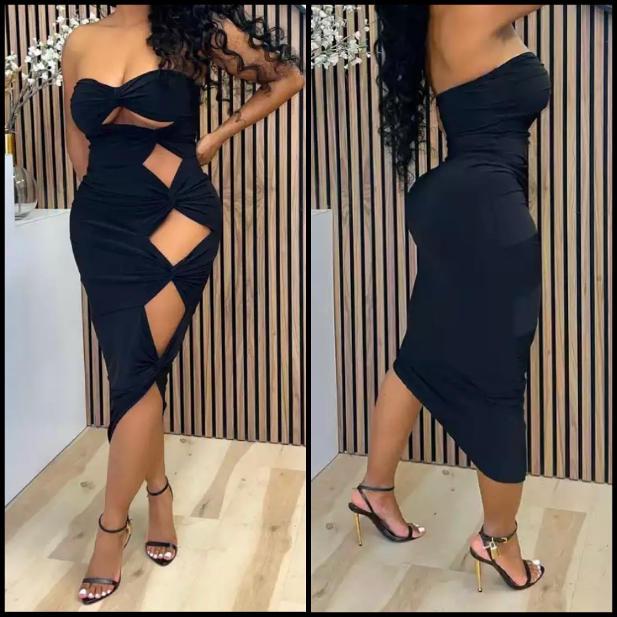 Women Sexy Solid Color Strapless Cut Out Dress