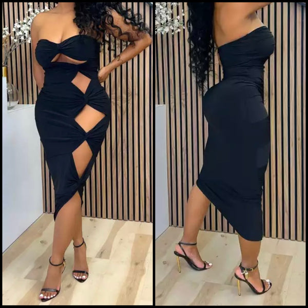 Women Sexy Solid Color Strapless Cut Out Dress