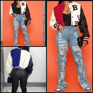 Women Fashion Color Patchwork Letter Print Varsity Jacket