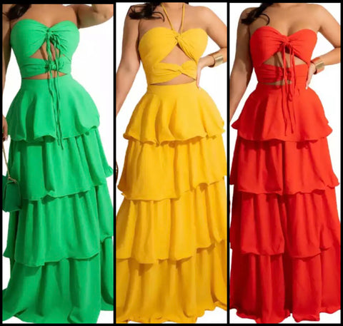 Women Sexy Ruffled Hollow Out Maxi Dress