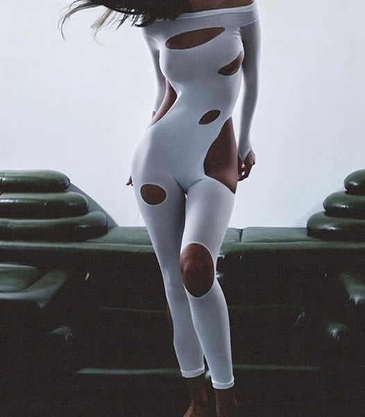 Women Fashion Full Sleeve Hollow Out Solid Color Jumpsuit