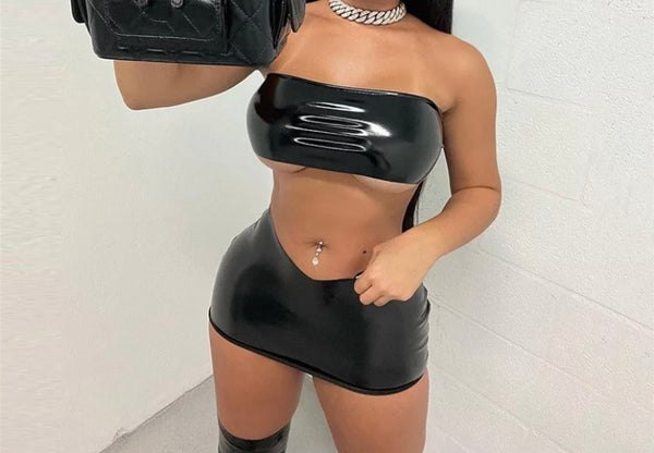 Women Sexy Strapless PU Black Two Piece Skirt Set