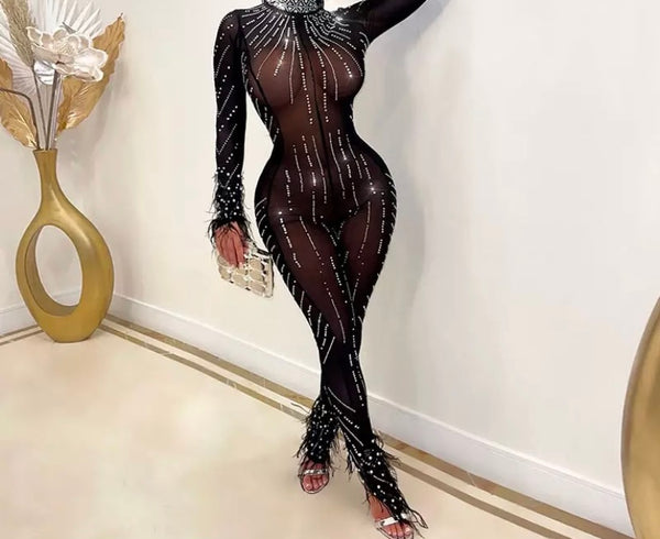 Women Sexy Mesh Bling Full Feather Sleeve Jumpsuit