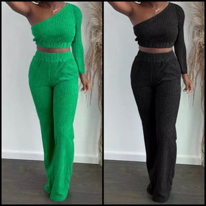 Women One Shoulder Crop Sexy Two Piece Pant Set