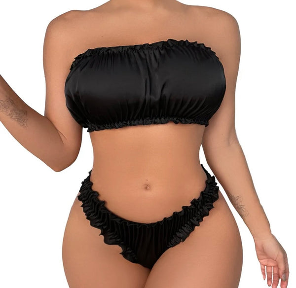 Women Black Sexy Ruffled Strapless Lingerie Set