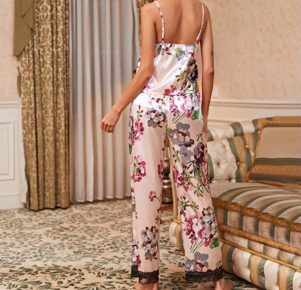 Women Satin Floral Lace Lingerie Pant Set