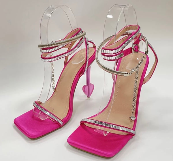 Women Square Toe Chain Fashion Heart High Heel Sandals