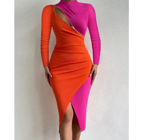Women Sexy Full Sleeve Color Patchwork Zipper Dress