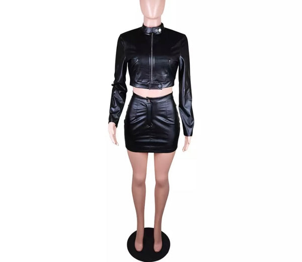 Women Fashion Faux Leather Crop Jacket Skirt Set