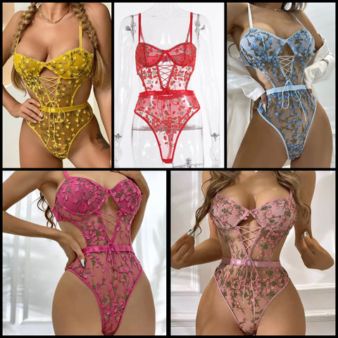 Women Sexy Embroidery Floral Mesh Bodysuit Lingerie