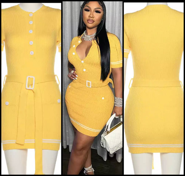 Women Yellow Belted Short Sleeve Dress