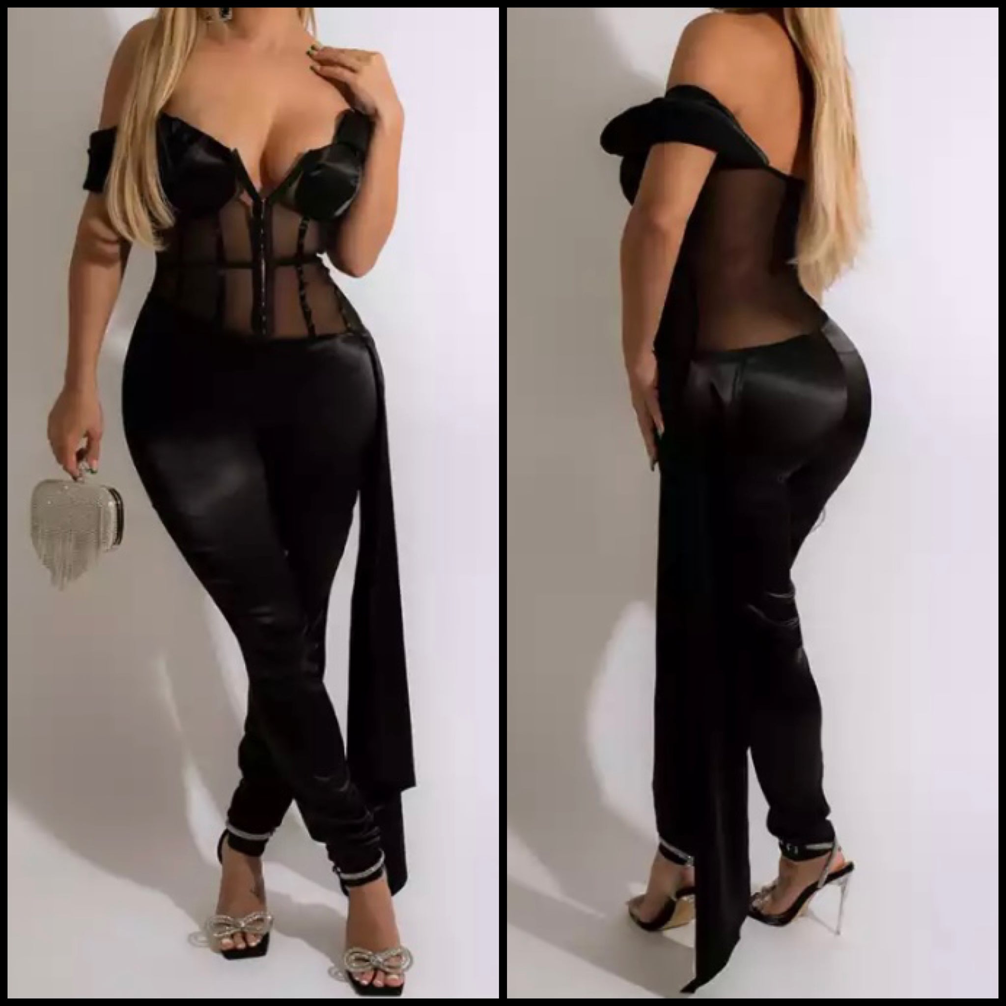 Women Sexy Off The Shoulder Mesh Patchwork Jumpsuit