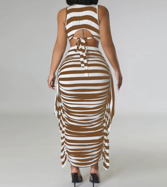 Women Sexy Striped Short Sleeve Crop Two Piece Maxi Skirt Set