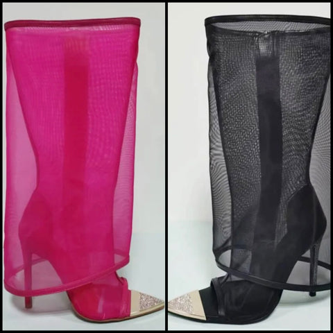 Women Open Toe Mesh High Heel Ankle Boots