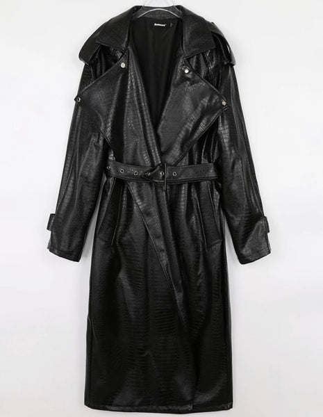 Women Belted Faux Leather Fashion Trench Jacket