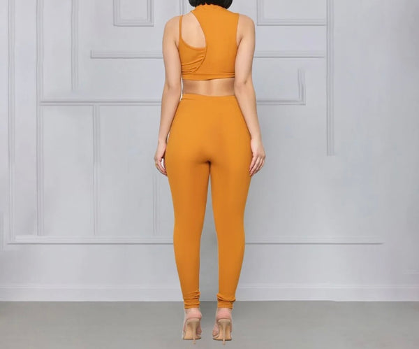Women Sleeveless Solid Color Crop Two Piece Pant Set