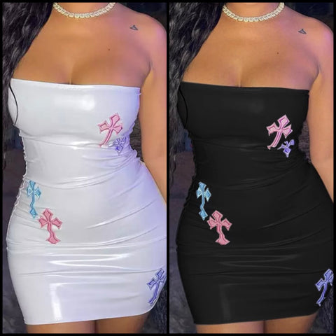 Women Sexy PU Strapless Cross Print Dress