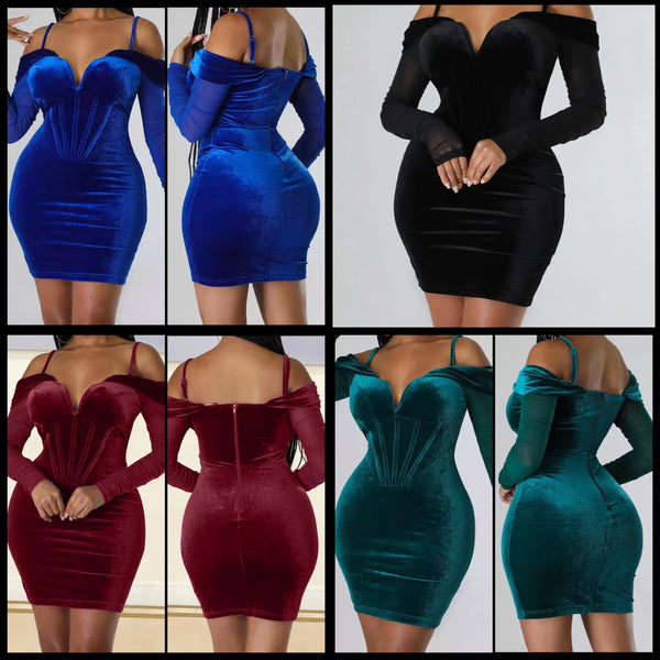 Women Velour Sexy Off The Shoulder Full Sleeve Dress