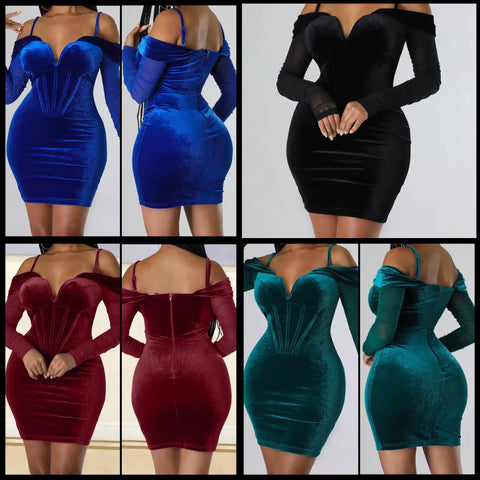 Women Velour Sexy Off The Shoulder Full Sleeve Dress