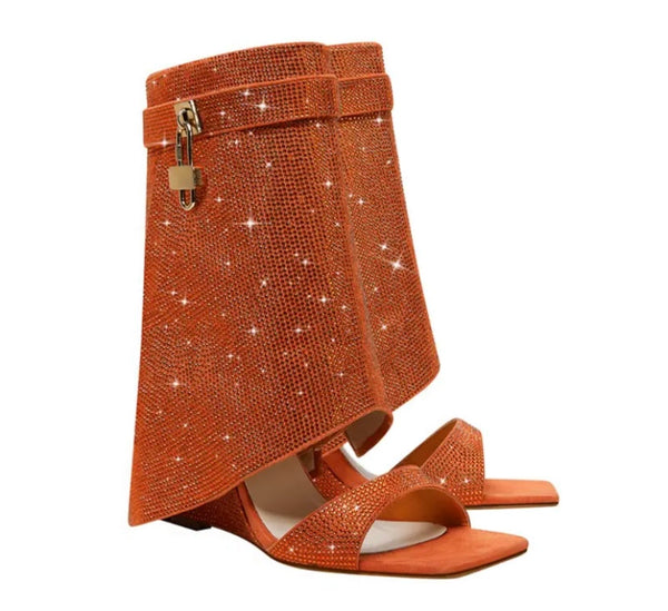 Women Bling Lock Open Toe Wedge Ankle Boots