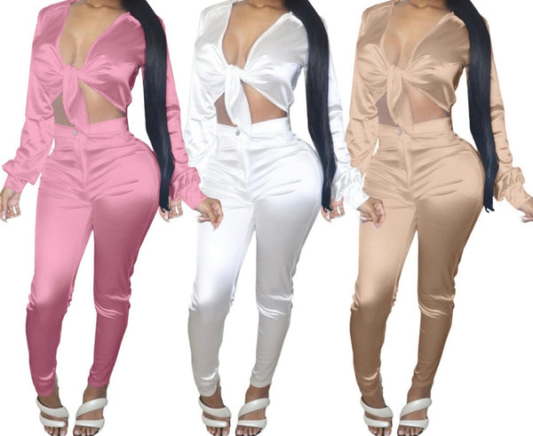 Women Satin Sexy Two Piece Fashion Full Sleeve Pant Set