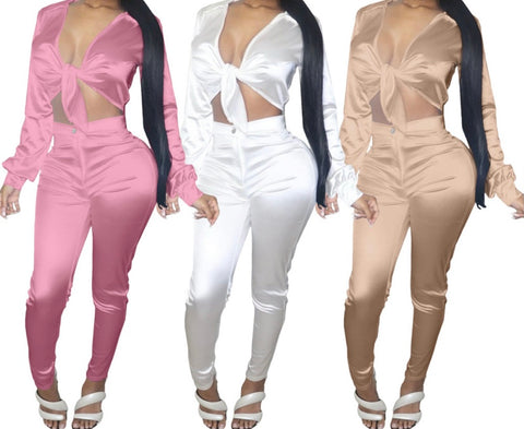 Women Satin Sexy Two Piece Fashion Full Sleeve Pant Set