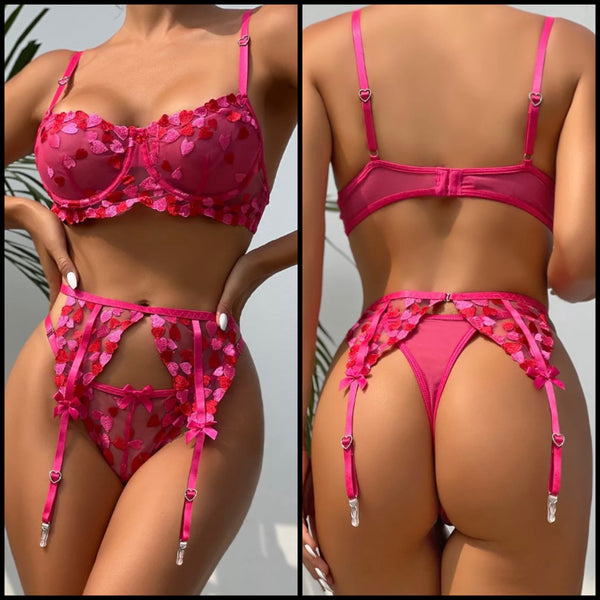 Women Sexy Pink Heart Mesh Lingerie Set