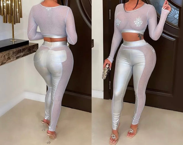 Women Sexy Mesh PU Patchwork Full Sleeve Two Piece Pant Set