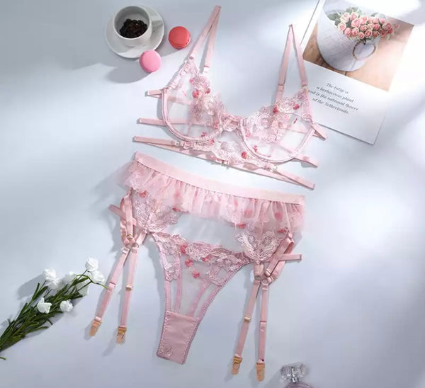 Women Pink Floral Lace Sexy Three Piece Lingerie Set