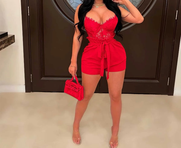 Women Lace Patchwork Tie Up Sexy Sleeveless Romper