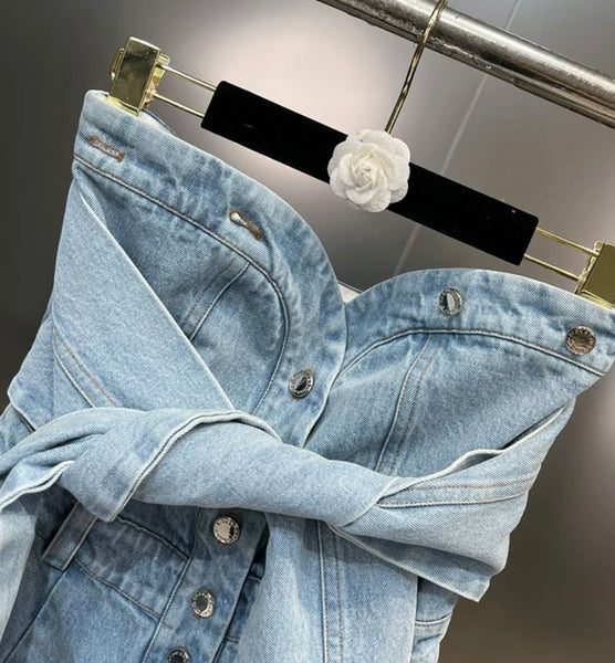 Women Fashion Button Tie Up Denim Romper