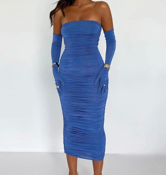 Women Sexy Strapless Ruched Glove Dress