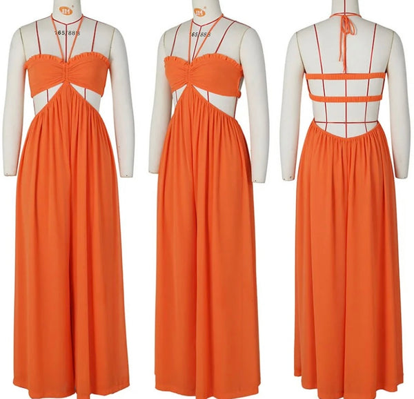 Women Sexy Sleeveless Halter Cut Out Wide Leg Jumpsuit