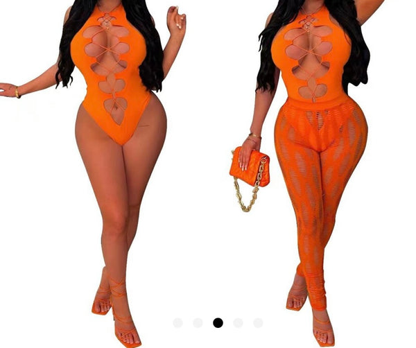 Women Sexy Sleeveless Hollow Out Lace Up Two Piece Pant Set