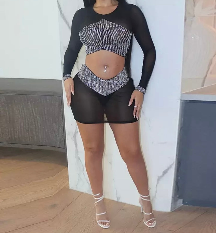 Women Sexy Black Mesh Bling Full Sleeve Crop Two Piece Skirt Set