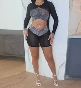 Women Sexy Black Mesh Bling Full Sleeve Crop Two Piece Skirt Set