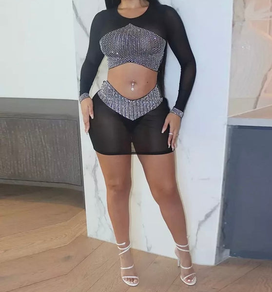 Women Sexy Black Mesh Bling Full Sleeve Crop Two Piece Skirt Set