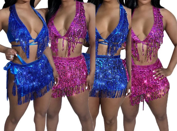 Women Halter Sexy Sparkle Tassel Two Piece Skirt Set