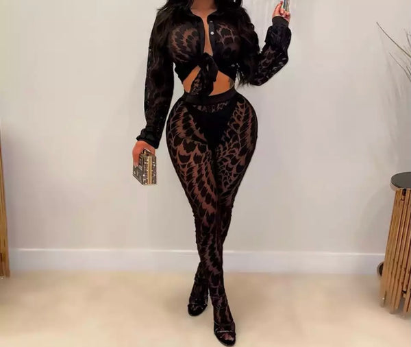 Women Sexy Black Printed Two Piece Full Sleeve Pant Set