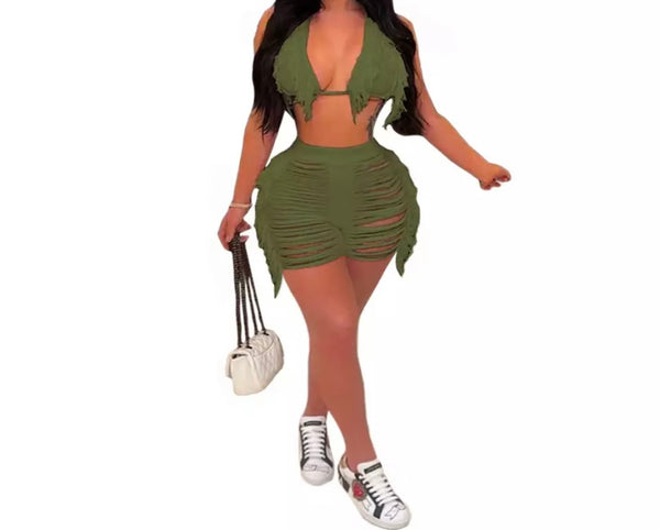 Women Fashion Ripped Fringe Sleeveless Two Piece Short Set